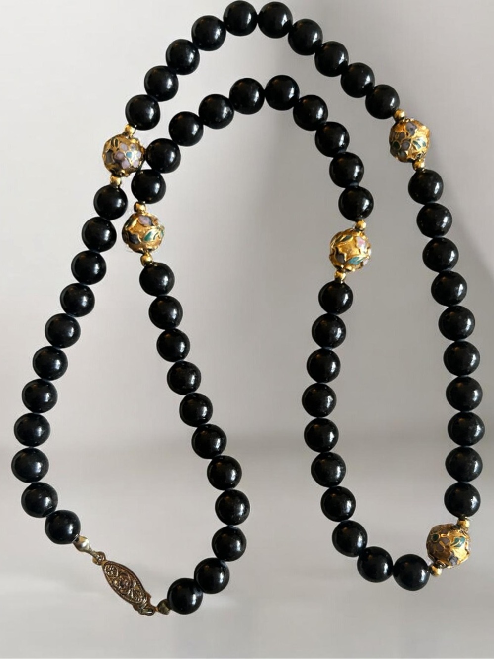 Vintage Chinese Genuine Onyx Cloisonné Necklace